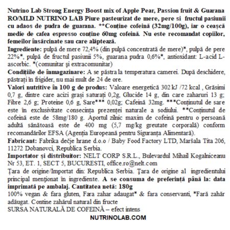 Piure pasteurizat din fructe cu mere, pere, fructul pasiunii si guarana Strong Energy Boost, 180 g, Nutrino Lab 706351