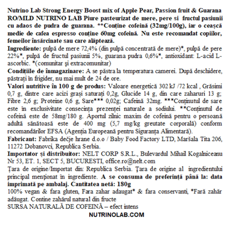 Piure pasteurizat cu mere, pere, fructul pasiunii si guarana Strong Energy Boost, 180 g, Nutrino Lab 706351