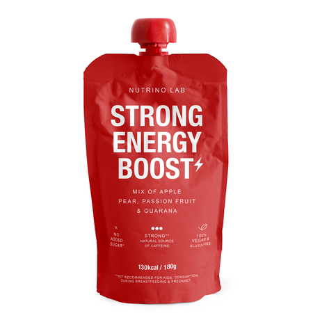 Piure pasteurizat din fructe cu mere, pere, fructul pasiunii si guarana Strong Energy Boost, 180 g, Nutrino Lab