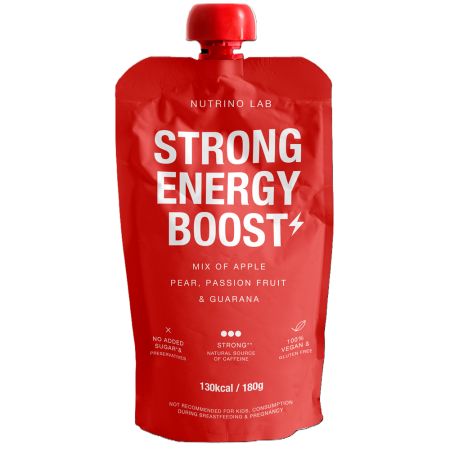 Piure pasteurizat din fructe cu mere, pere, fructul pasiunii si guarana Strong Energy Boost, 180 g, Nutrino Lab