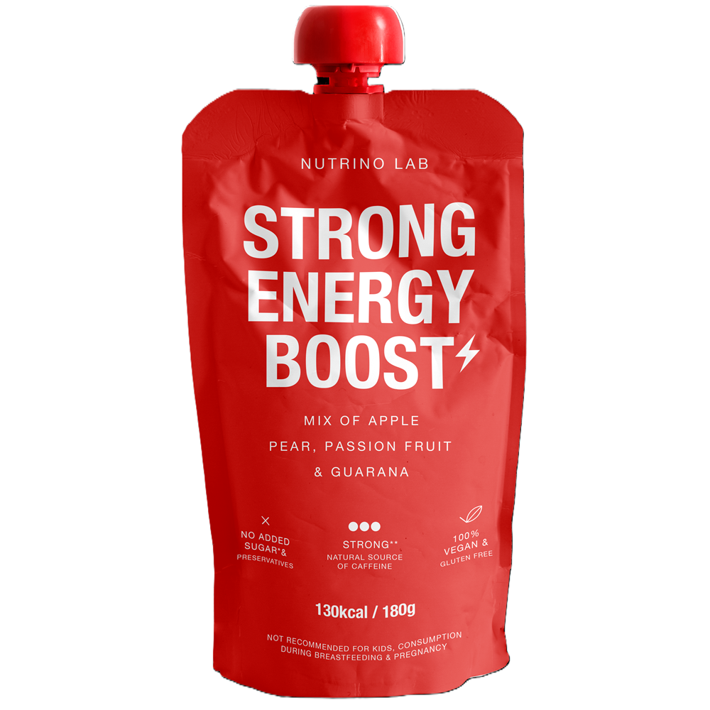 Piure pasteurizat din fructe cu mere, pere, fructul pasiunii si guarana Strong Energy Boost, 180 g, Nutrino Lab