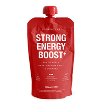 Piure pasteurizat cu mere, pere, fructul pasiunii si guarana Strong Energy Boost, 180 g, Nutrino Lab
