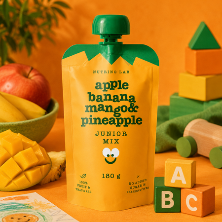 Piure pasteurizat cu mere, banane, mango si ananas Junior Mix, 180 g, Nutrino Lab 753876