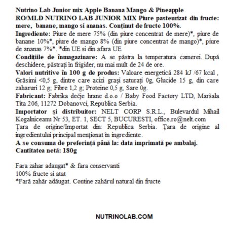 Piure pasteurizat din fructe cu mere, banane, mango si ananas Junior Mix, 180 g, Nutrino Lab 706346