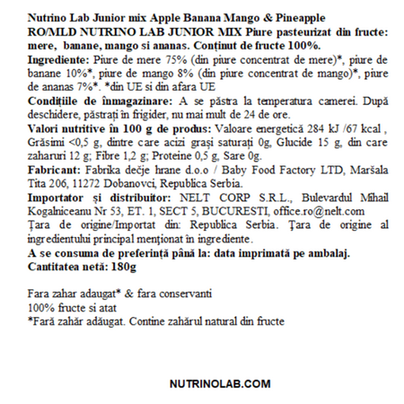 Piure pasteurizat cu mere, banane, mango si ananas Junior Mix, 180 g, Nutrino Lab 706346