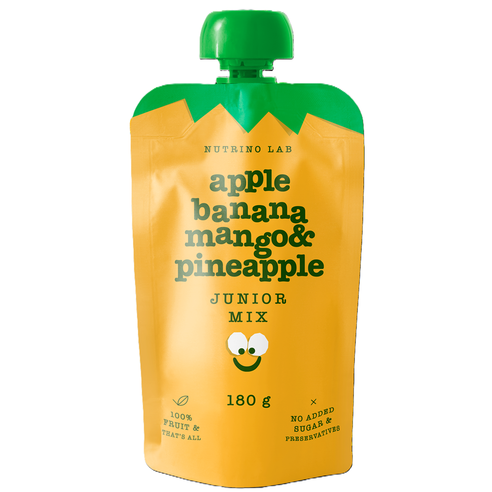 Piure pasteurizat din fructe cu mere, banane, mango si ananas Junior Mix, 180 g, Nutrino Lab