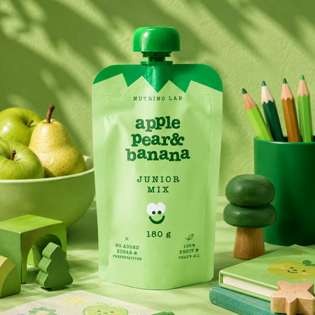 Piure pasteurizat cu mere, pere si banane Junior Mix, 180 g, Nutrino Lab 753874