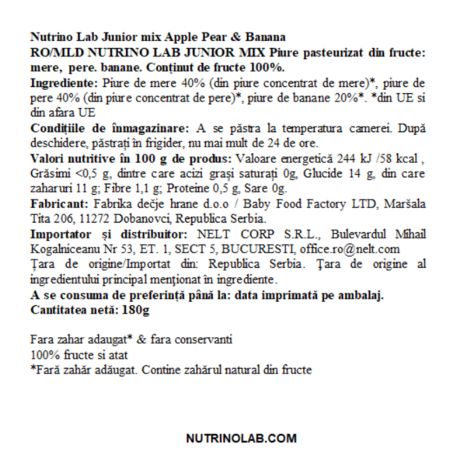 Piure pasteurizat din fructe cu mere, pere si banane Junior Mix, 180 g, Nutrino Lab 706341