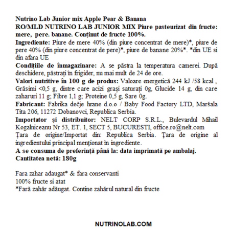 Piure pasteurizat cu mere, pere si banane Junior Mix, 180 g, Nutrino Lab 706341