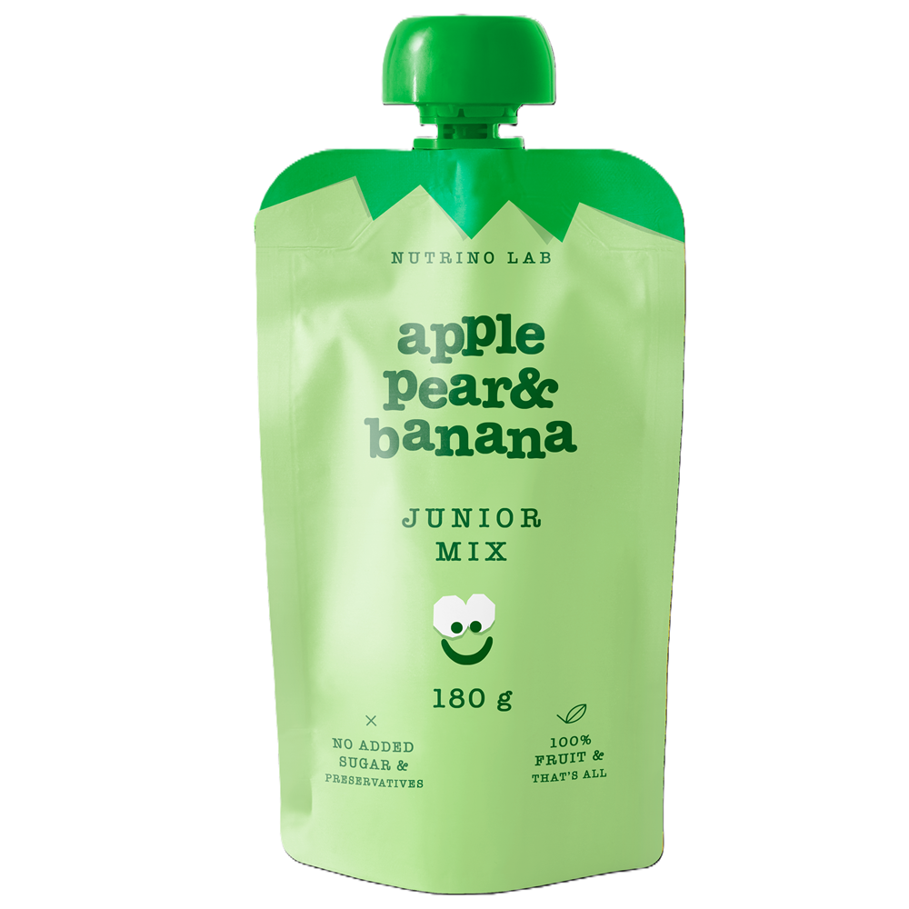 Piure pasteurizat din fructe cu mere, pere si banane Junior Mix, 180 g, Nutrino Lab