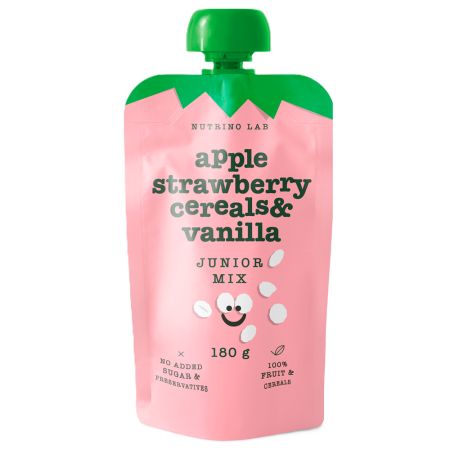Piure pasteurizat cu mere, capsuni, adaos de cereale, vanilie si vitamina C Junior Mix, 180 g, Nutrino Lab