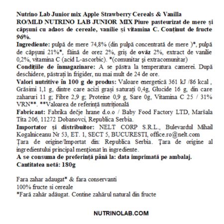 Piure pasteurizat cu mere, capsuni, adaos de cereale, vanilie si vitamina C Junior Mix, 180 g, Nutrino Lab 706339