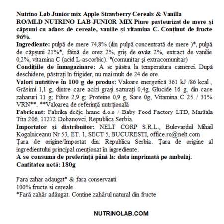 Piure pasteurizat cu mere, capsuni, cereale, vanilie si vitamina C Junior Mix, 180 g, Nutrino Lab 706339