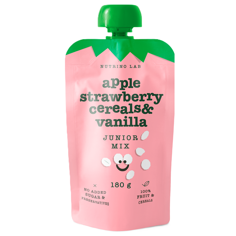 Piure pasteurizat cu mere, capsuni, adaos de cereale, vanilie si vitamina C Junior Mix, 180 g, Nutrino Lab