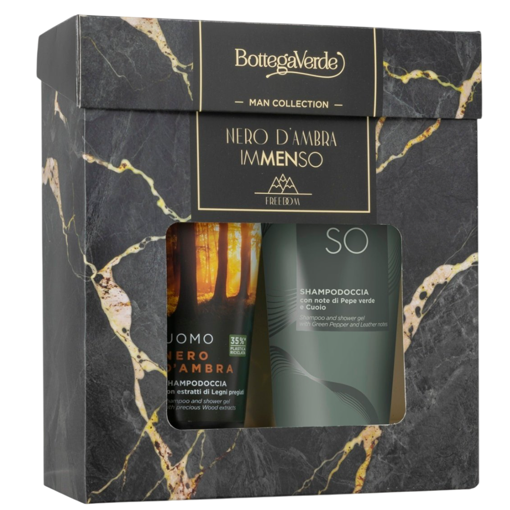 Set Sampon si gel de dus 2 in 1 hidratant 200 ml + Sampon si gel de dus 2 in 1 cu lemn de ambra 200 ml, Bottega Verde