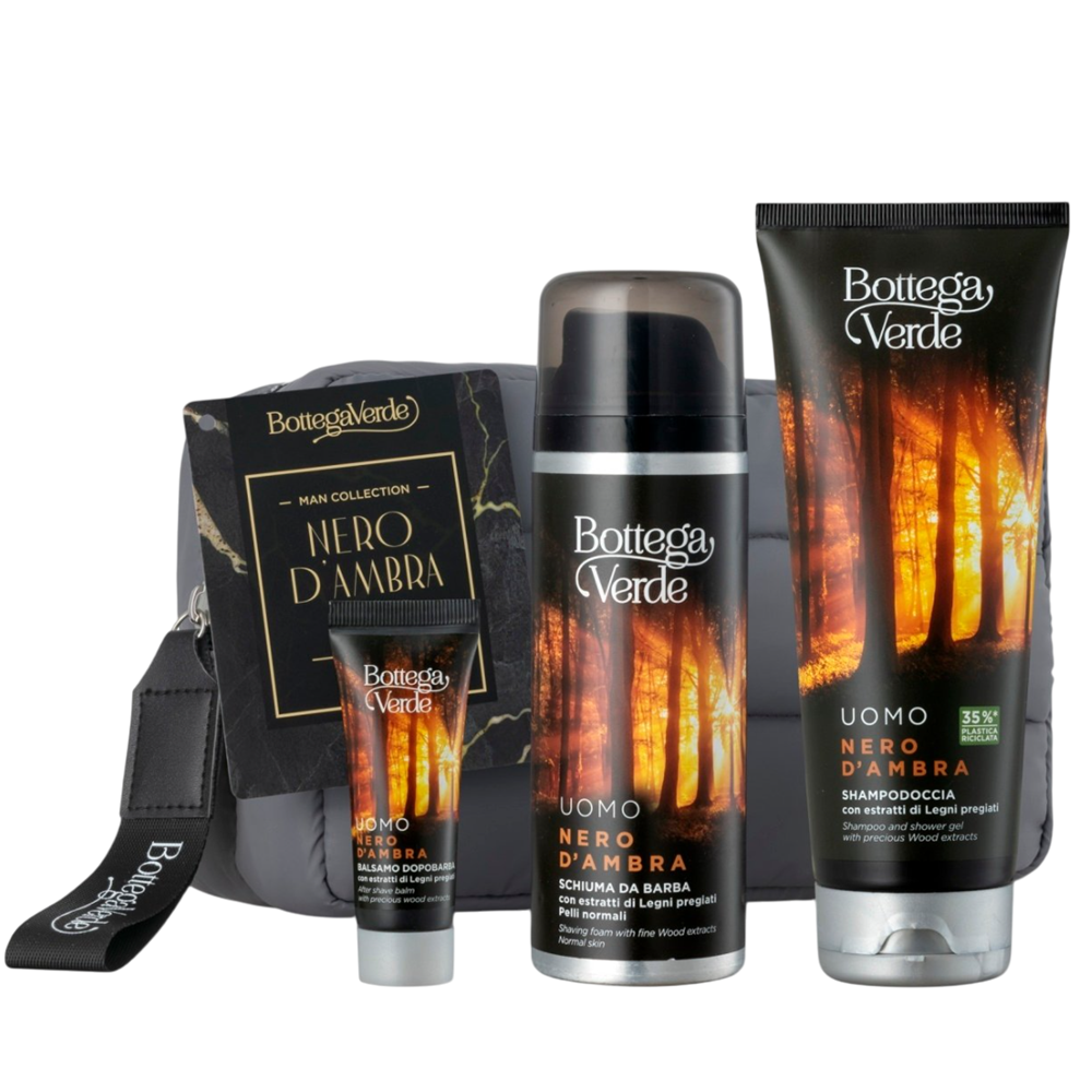 Set Sampon si gel de dus 2 in 1 hidratant 200 ml + Spuma de ras 200 ml + Balsam dupa ras 20 ml Nero d'Ambra, Bottega Verde