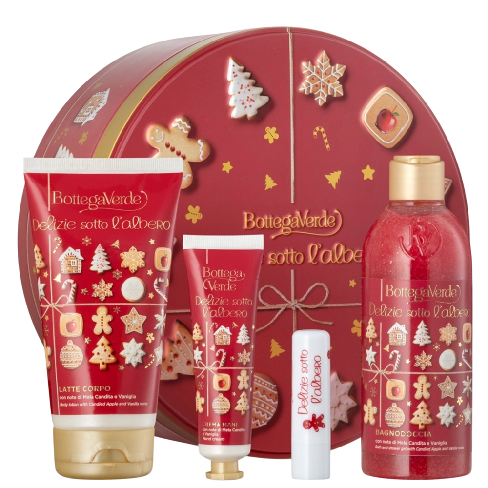 Set Lapte de corp 150 ml + Gel de dus 250 ml + Crema de maini 30 ml + Balsam de buze hidratant 4 ml Delizie sotto l’albero, Bottega Verde