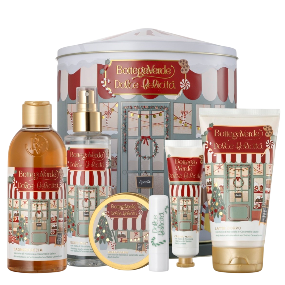 Set Gel de dus 250 ml + Lapte de corp 150 ml + Spray parfumat pentru corp 150 ml + Unt de corp 50 ml + Crema de maini 30 ml + Balsam de buze 4 ml Dolce Felicità, Bottega Verde