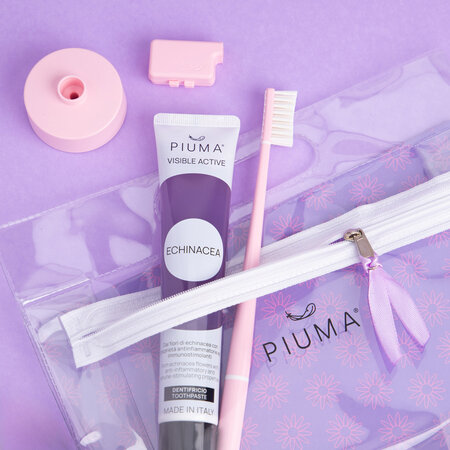 Set Periuta de dinti + baza + pasta de dinti 75 ml, infuzate cu echinacea, Baby Pink, 1 periuta + 1 Baza + 75 ml, Piuma 677591