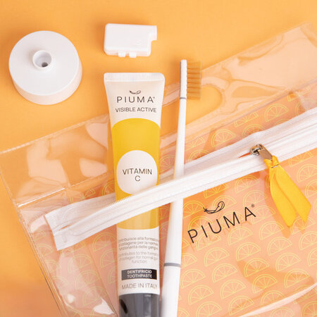 Set Periuta de dinti + baza + pasta de dinti 75 ml, infuzate cu vitamina C, Vit C Pure White, 1 periuta + 1 baza calanderistica + 75 ml, Piuma 677599