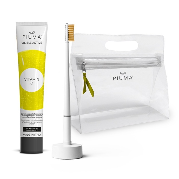 Set Periuta de dinti + baza + pasta de dinti 75 ml, infuzate cu vitamina C, Vit C Pure White, 1 periuta + 1 baza calanderistica + 75 ml, Piuma