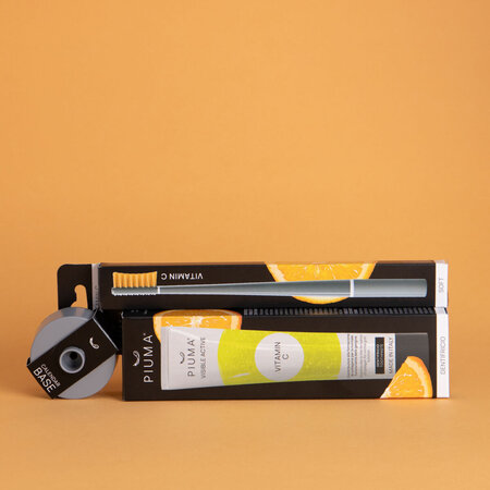 Set Periuta de dinti + baza + pasta de dinti 75 ml, infuzate cu vitamina C, Vit C Asphalt Grey, 1 periuta + 1 baza calanderistica + 75 ml, Piuma 677604