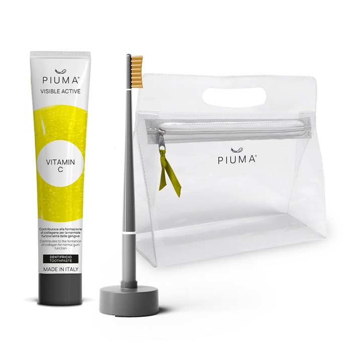 Set Periuta de dinti + baza + pasta de dinti 75 ml, infuzate cu vitamina C, Vit C Asphalt Grey, 1 periuta + 1 baza calanderistica + 75 ml, Piuma