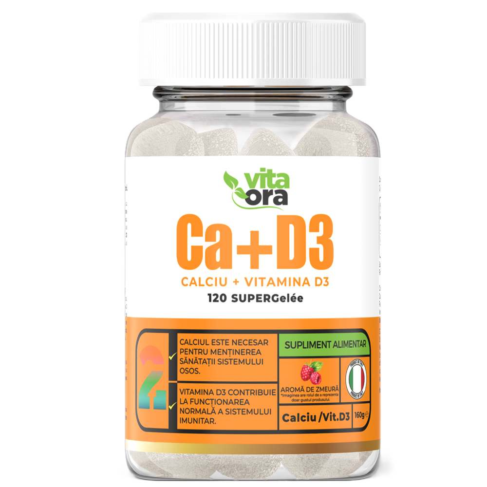 Jeleuri cu aroma de zmeura Calciu + Vitamina D3, 120 bucati, Vita Ora