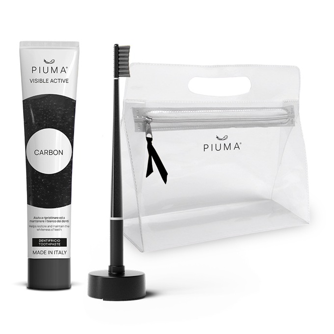 Set Periuta de dinti + baza + pasta de dinti 75 ml, infuzate cu carbune de bambus Perfect Black, 1 periuta + 1 baza calanderistica + 75 ml, Piuma