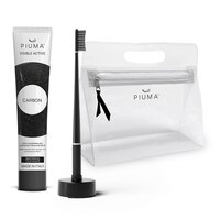 Set Periuta de dinti + baza + pasta de dinti 75 ml, infuzate cu carbune de bambus Perfect Black, 1 periuta + 1 baza calanderistica + 75 ml, Piuma