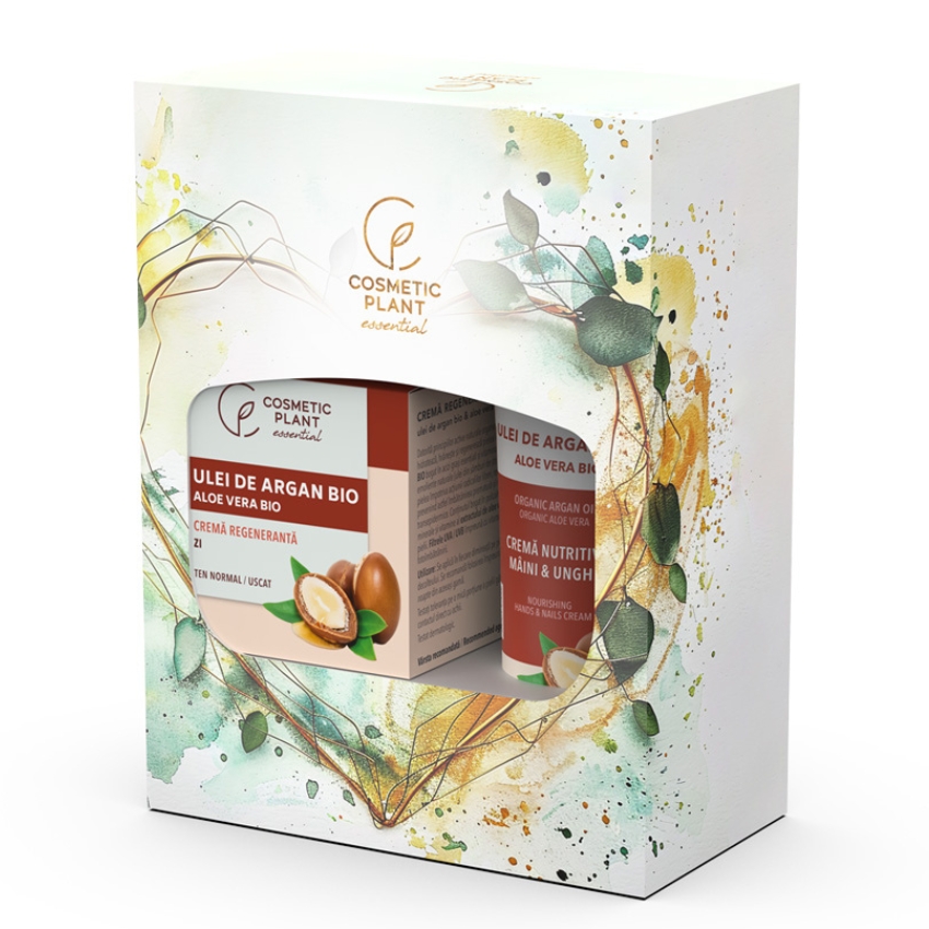 Set Crema regeneranta de zi cu argan 50 ml + Crema nutritiva de maini si unghii cu argan 100 ml Essential, Cosmetic Plant