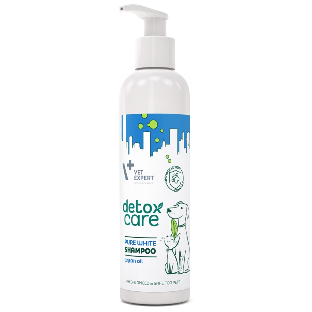 Sampon pentru caini si pisici cu blana deschisa la culoare Detox Care Pure White, 250 ml, VetExpert