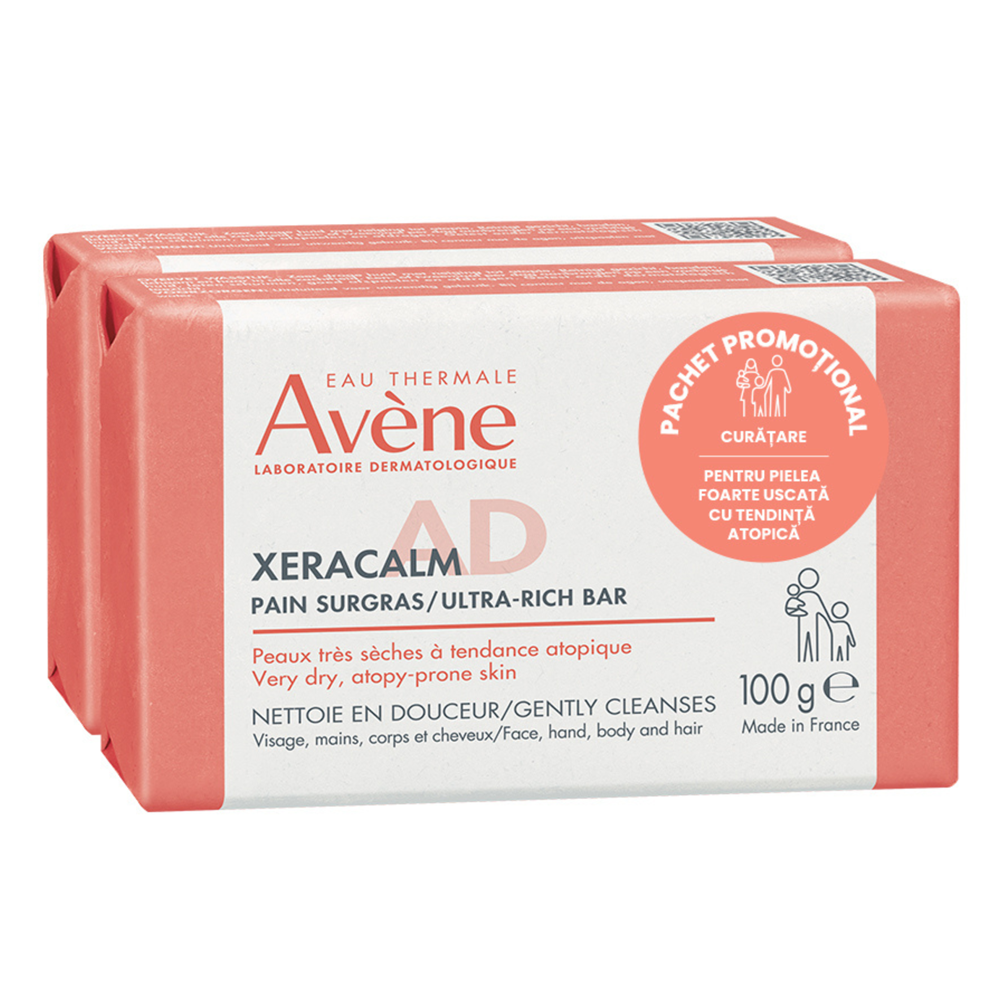 Pachet Sapun pentru pielea foarte uscata cu tendinta atopica XeraCalm AD, 100 g + 100 g, Avene
