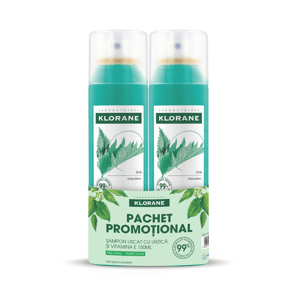 Pachet sampon uscat pentru par gras cu vitamina E si Urzica BIO, 2 x  150 ml, Klorane