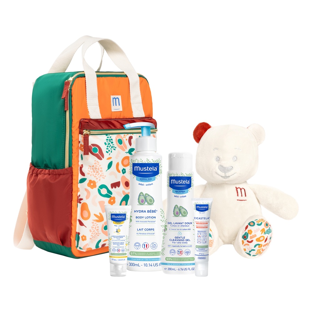 Pachet Gel de curatare par si corp, 200 ml + Lotiune de corp Hydra Bebe, 300 ml + Crema reparatoare Cicastela, 40 ml + Crema nutritiva de fata cu Cold Cream, 40 ml + Rucsac + Ursulet, Mustela