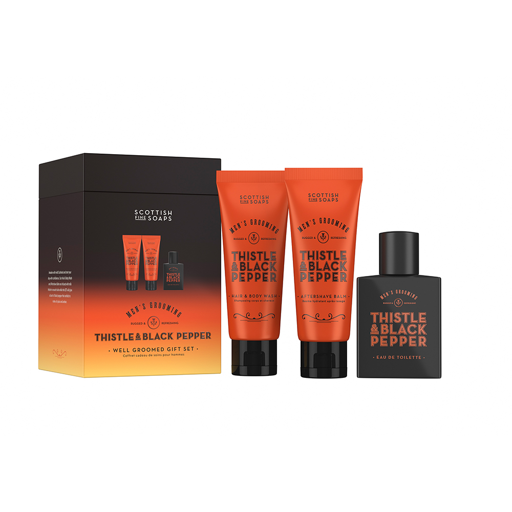 Set Balsam dupa ras cu armurariu si piper 75 ml + Gel de dus pentru par si corp cu armurariu si piper 75 ml + Apa de toaleta 50 ml Thistle&Black Pepper, Scottish Fine Soaps