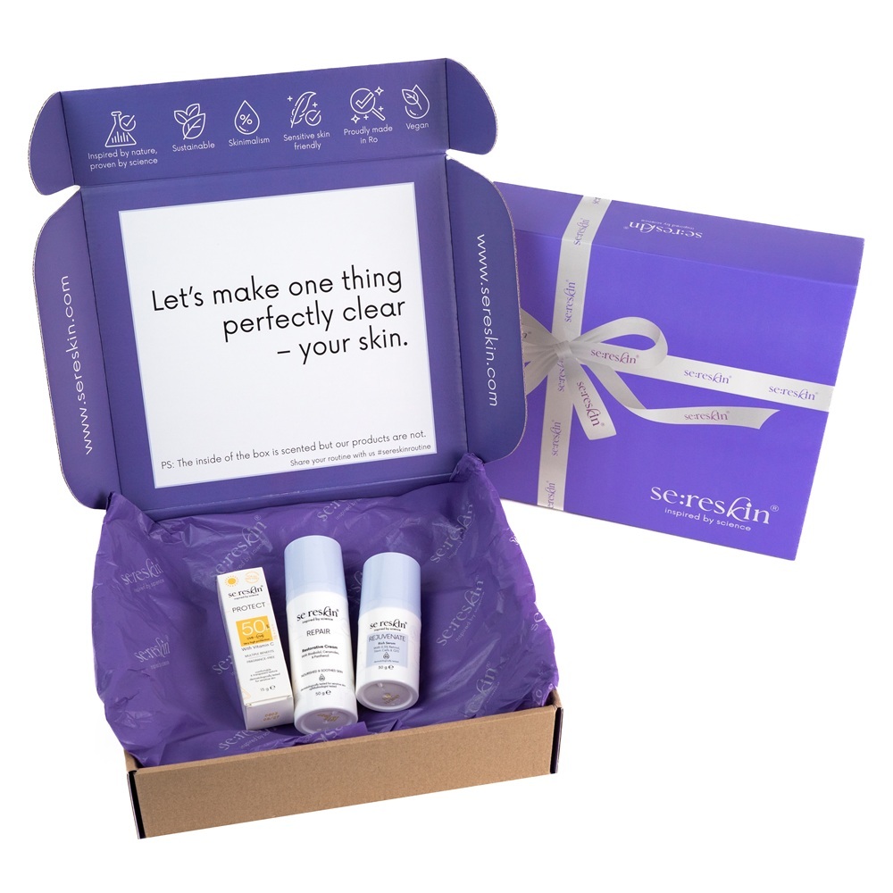 Set Ser reparator cu retinol si coenzima Q10 Rejuvenate 30 g + Crema pentru fata reparatoare Repair 50 g + Mini crema pentru fata cu SPF 50+ Protect 15 g, Se:Reskin