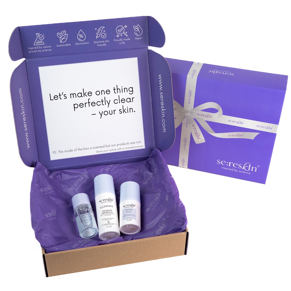 Set Apa micelara Cleanse 30 ml + Ser pentru fata iluminator Glow 30 g + Crema pentru fata Illuminate 50 g, Se:Reskin