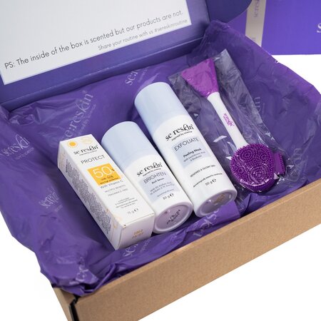 Set Ser iluminator Brighten 30 g + Masca de fata exfolianta Exfoliate 50 g + Pensula pentru masca 1 bucata + Crema cu SPF 50+ 15 ml, Se:Reskin 681697