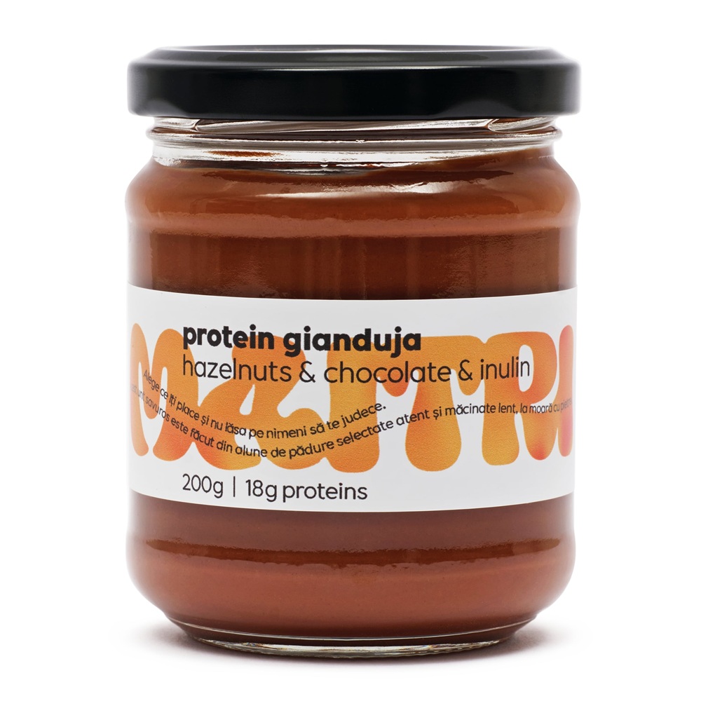 Crema de alune de padure, ciocolata si inulina Protein Gianduja, 200 g, Maitri