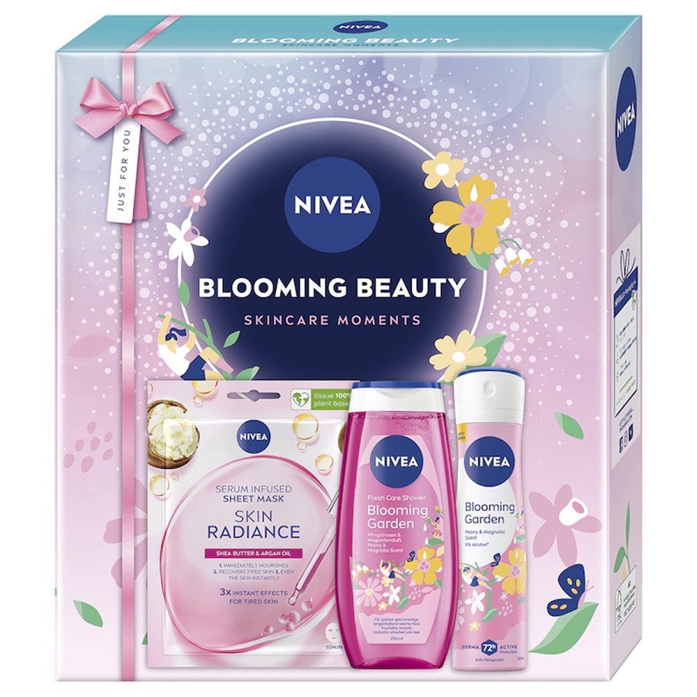 Set Gel de dus 250 ml Blooming Garden + Deodorant spray 150 ml Blooming Garden + Masca de fata servetel Skin Radiance 1 buc Blooming Beauty, Nivea