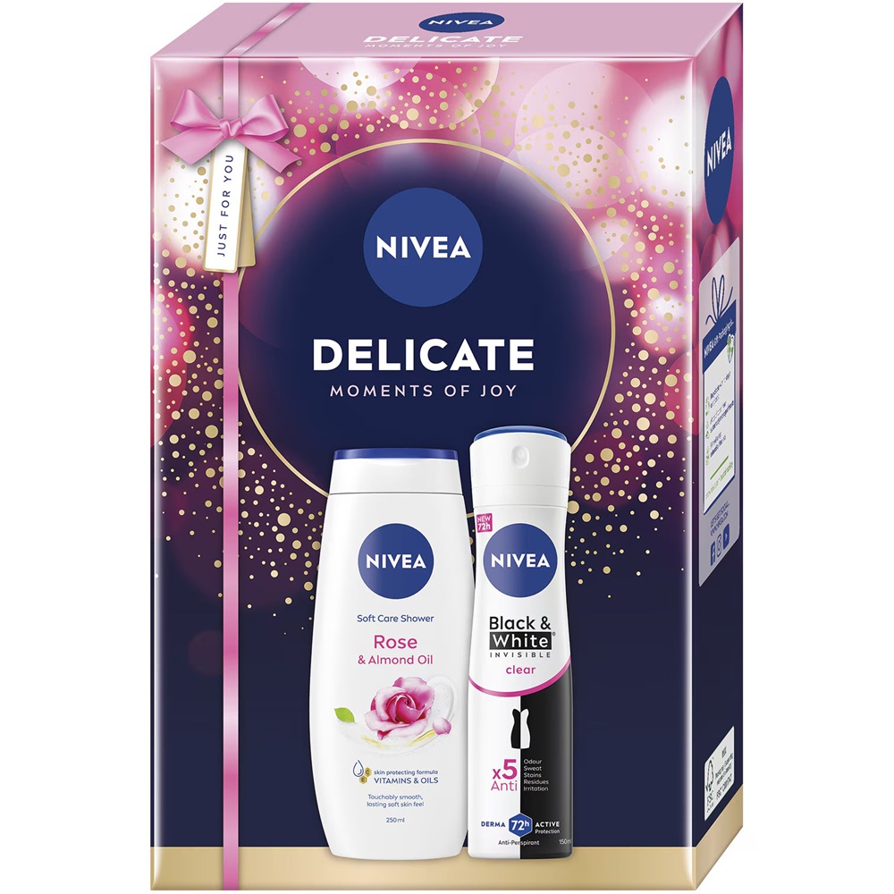 Set Gel de dus Rose & Almond Oil 250ml + Deodorant spray Black & White Invisible Clear 150ml Delicate, Nivea