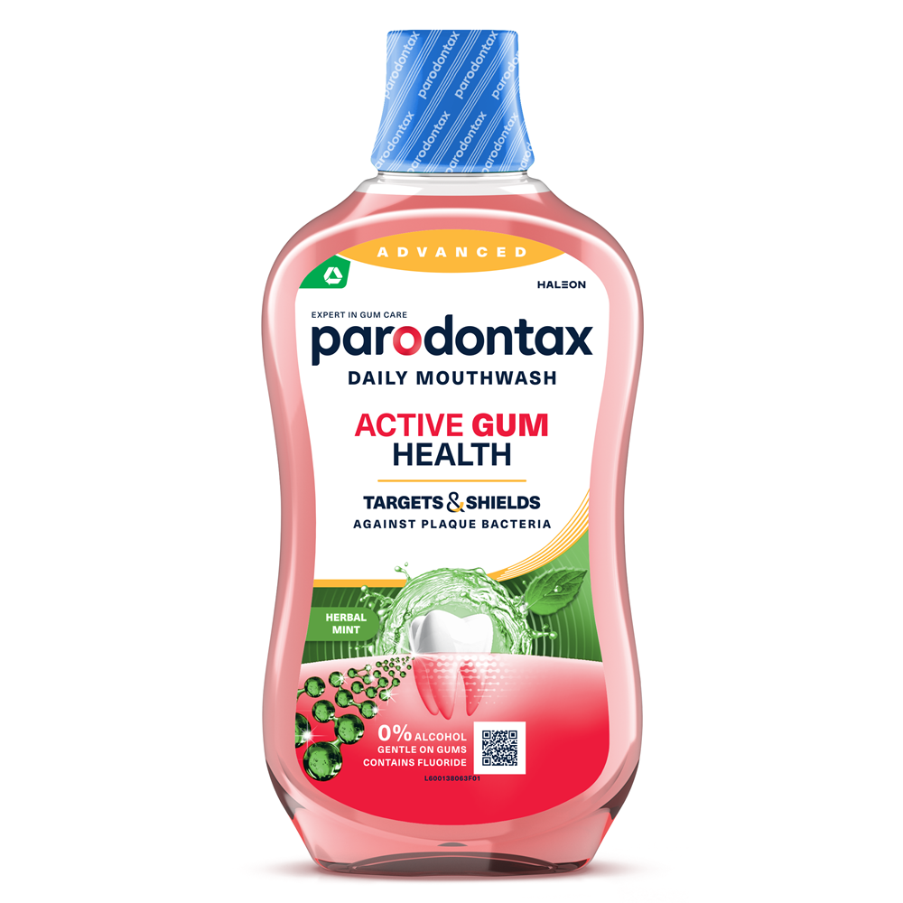 Apa de gura fara alcool Active Gum Health Herbal Mint Parodontax, 500 ml, Haleon