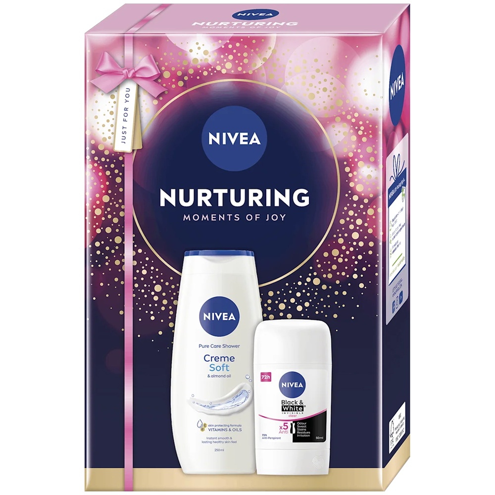 Set Gel de dus Creme soft 250 ml + Deodorant stick Black & White Invisible Clear 50 ml Nurturing, Nivea