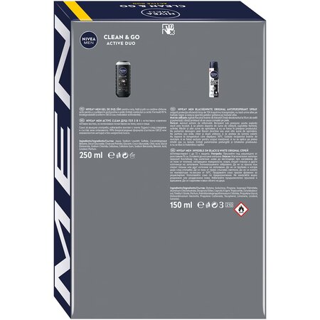 Pachet Clean & Go Gel de dus Men Active Clean 3 in 1, 250 ml + Deodorant spray Men Black & White Original, 150 ml, Nivea 682270