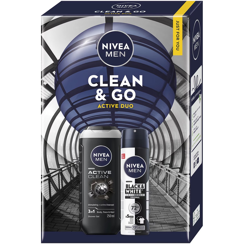 Pachet Clean & Go Gel de dus Men Active Clean 3 in 1, 250 ml + Deodorant spray Men Black & White Original, 150 ml, Nivea