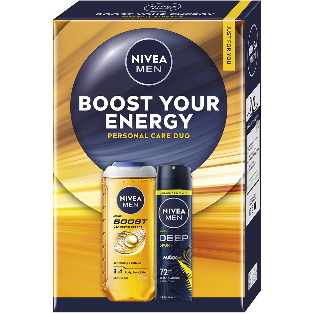 Gel de dus Men Boost 3 in 1, 250 ml + Deodorant spray Men Deep Sport 150 ml Boost Your Energy, Nivea