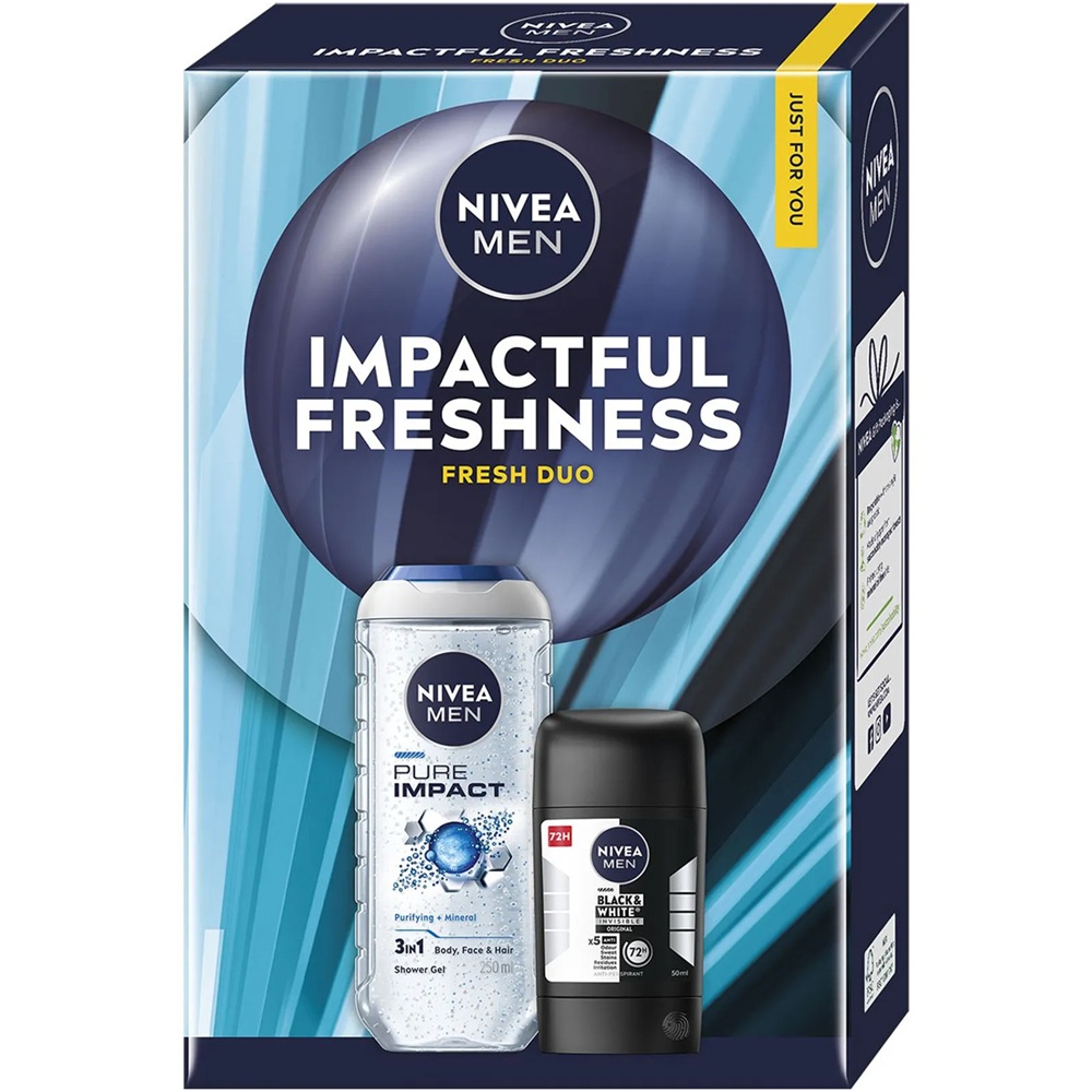 Set Gel de dus Men Pure Impact 3 in 1, 250 ml + Deodorant stick Men Black & White Invisible Original 50 ml Impactful Freshness, Nivea