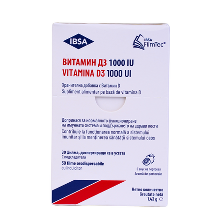 Vitamina D3 cu aroma de portocala, 1000 UI, 30 filme orodispersabile, Ibsa