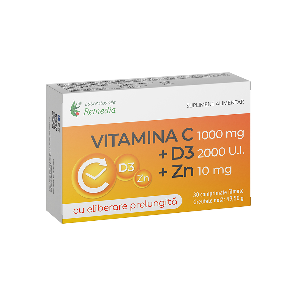 Vitamina C 1000 mg + Zinc 10 mg + D3 2000 UI, 30 comprimate filmate, Remedia